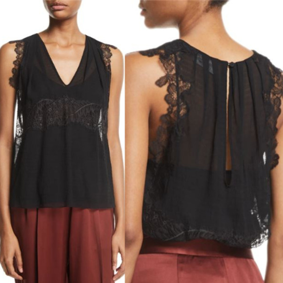 3.1 Phillip Lim Silk-Blend V-Neck Sheer Floral Lace Tank Top Black Womens Size 2 - Picture 1 of 5